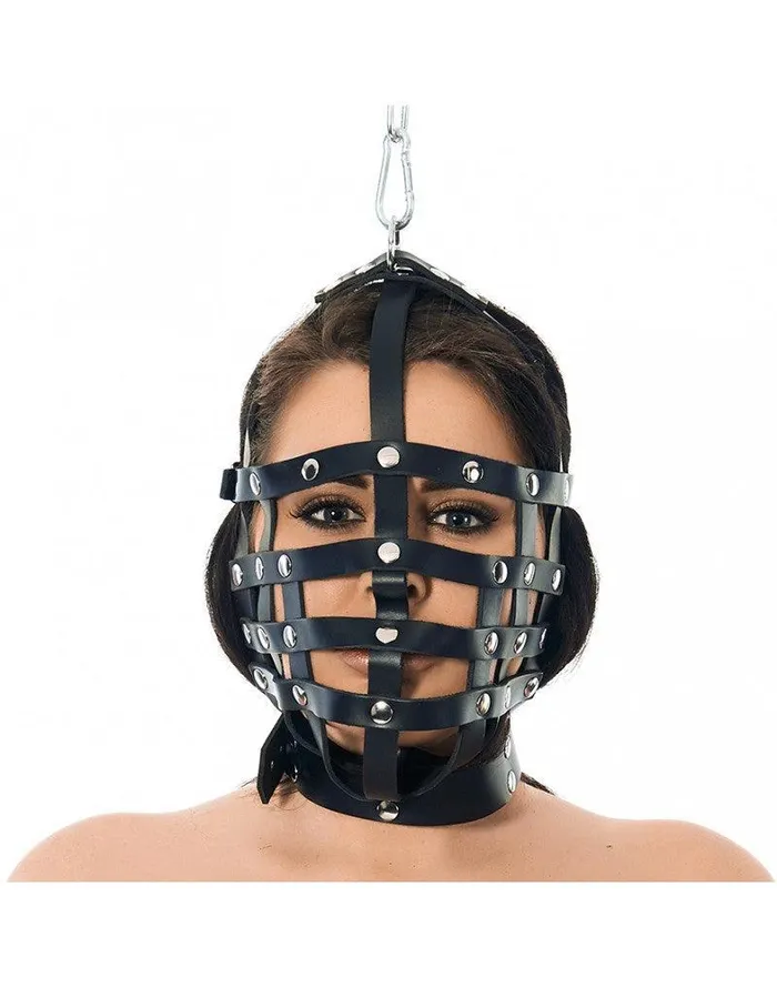 Rimba Bondage Play Male Sex Toys Rimba Leren Muilkorf Hoofdmasker Met Ring Boven Hoofdbondage