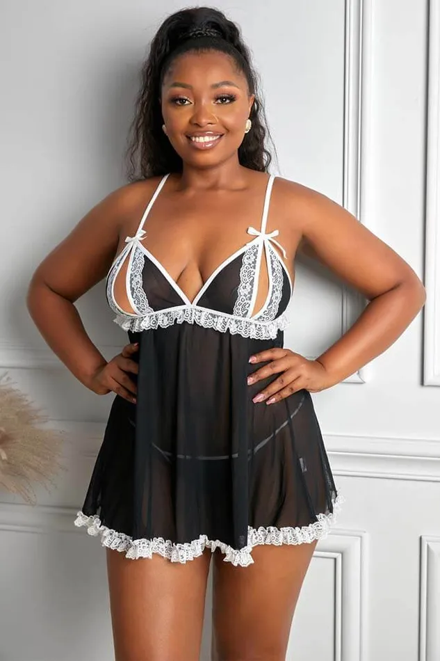 Honeysx Plus Size Honeysx Black Plus Size Lace Sheer Patch Cut Out Babydoll